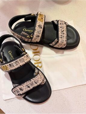 Dior Black & Beige Logo Strap Flat Sandals
